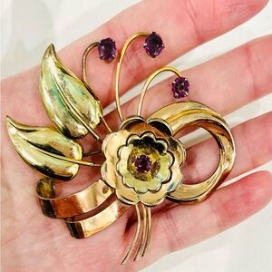 Collectible 1940s Harry Iskin 1/20 10K GF Amethyst Floral Brooch, Signed
